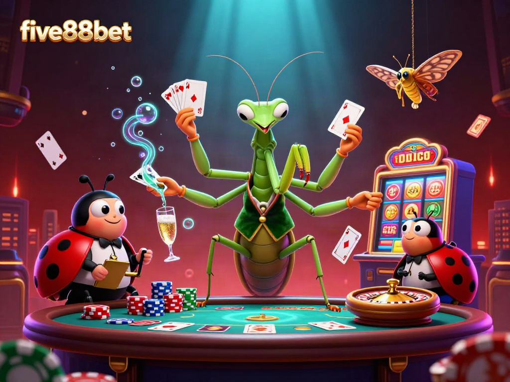 Experience the thrill of five88bet with colorful casino elements, featuring a praying mantis and ladybug characters engaging in gambling activities.