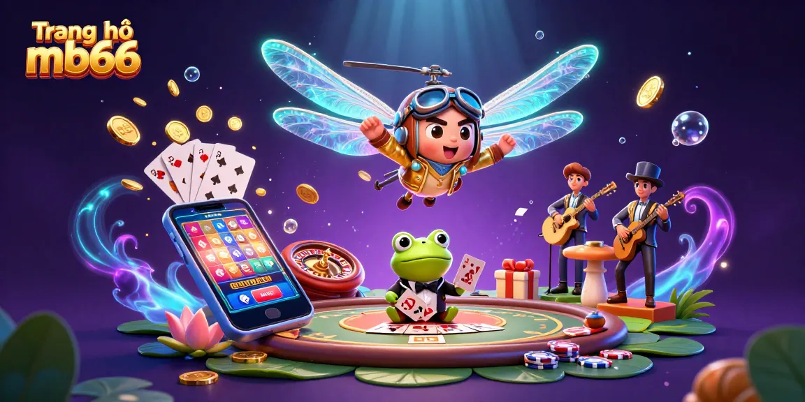 Experience the thrill of Trang chủ mb66 with a dynamic 3D casino scene featuring a dragonfly pilot and frog croupier.
