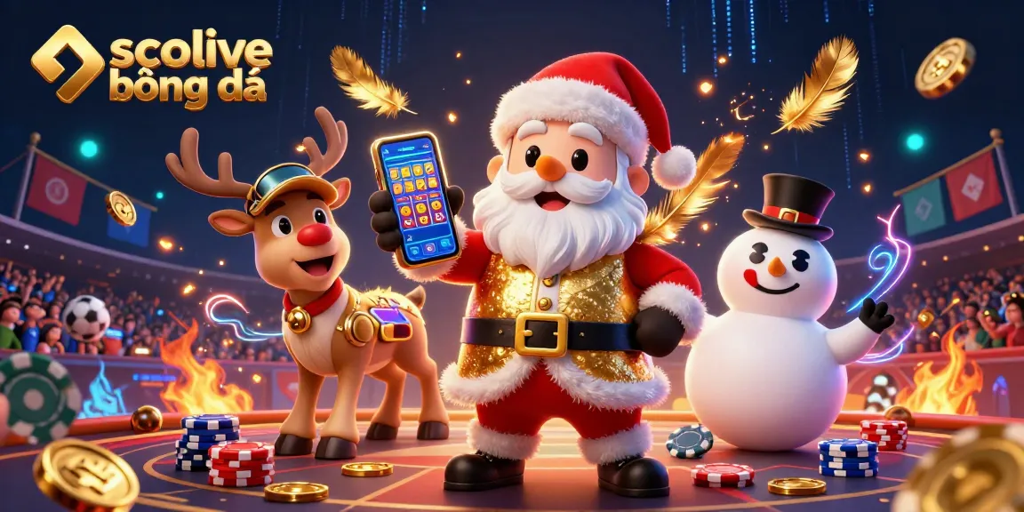 Experience live sports action with socolive bóng đá, featuring Santa Claus, reindeer, and snowman in an vibrant casino