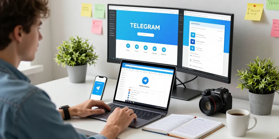 Utilizing Telegram web version in a modern workspace with dual monitors and notebook.