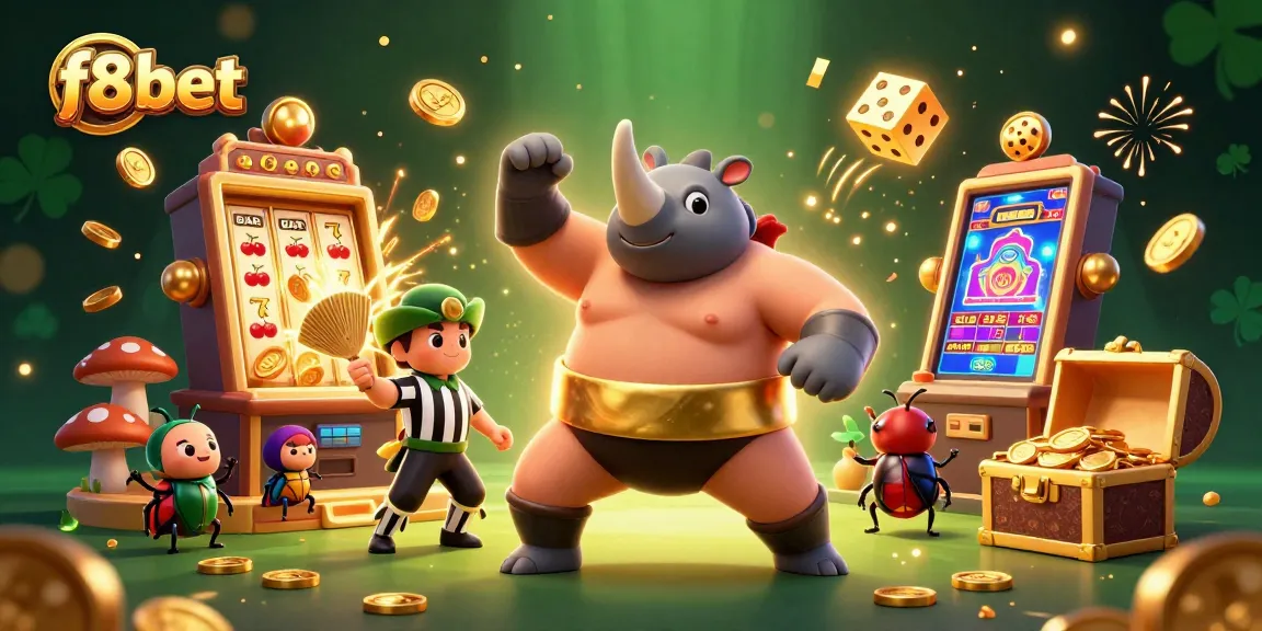 Experience the excitement of f8bet with a vibrant 3D illustration of a sumo beetle champion amidst a jackpot explosion.