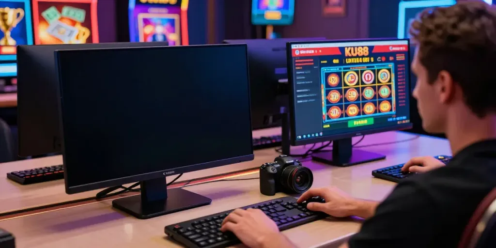 Engaged player at vibrant desktop with KU88 gambling interface, showcasing thrilling online betting atmosphere.