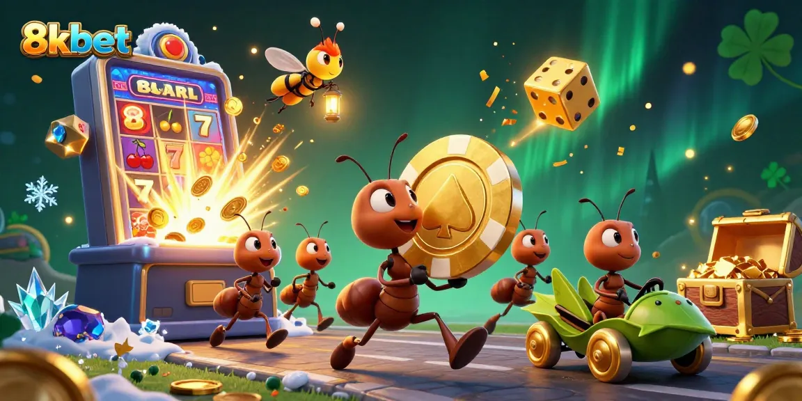 Enjoy exciting gaming adventures with 8kbet as ants pull a poker chip heist in a vibrant casino setting.