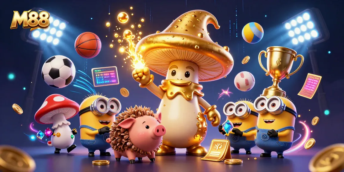 Experience M88's magical world with a vibrant illustration showcasing sports betting and treasures.
