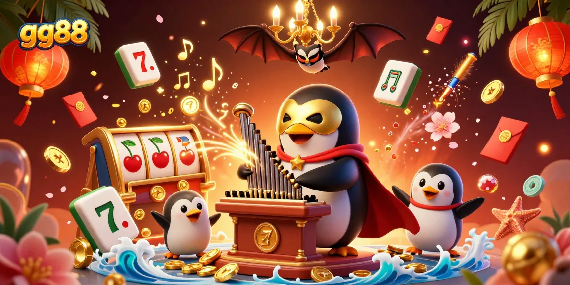 Experience thrilling gameplay at gg88 as a penguin conjures golden coins amidst enchanting casino elements.