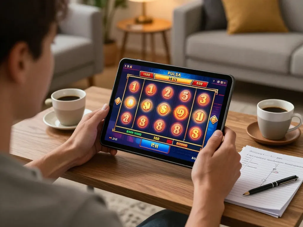 Engaged player spinning a slot pulsa game on a tablet in a cozy home setting.