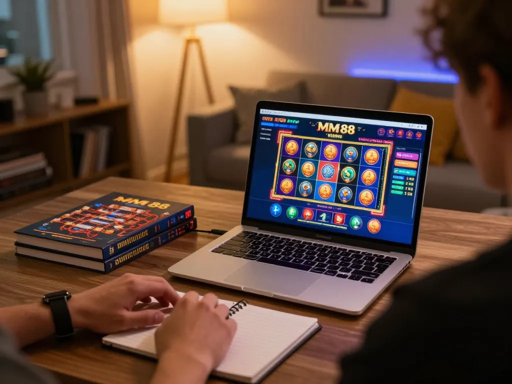 Player engaging in MM 88 online casino gaming at a stylish home setup, showcasing excitement and strategy.
