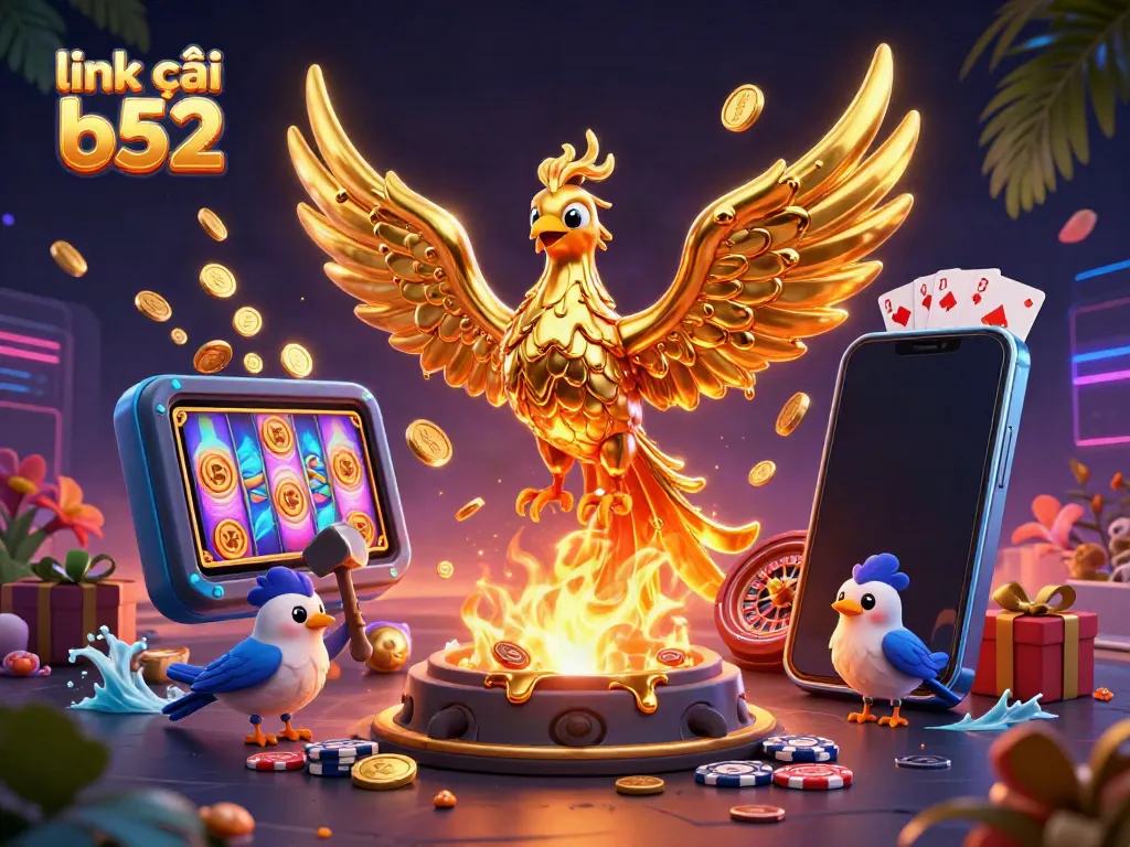 Win big with link vào b52 as the golden phoenix emerges from the forge surrounded by casino games and treasures.