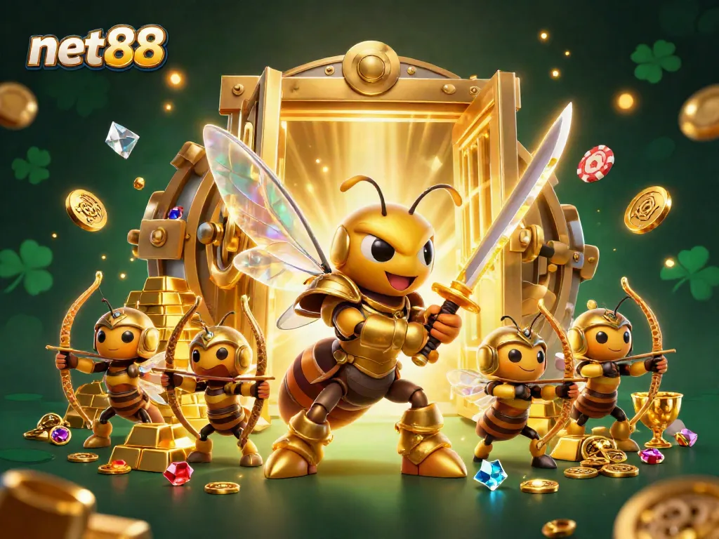Experience thrilling action at net88 with a giant golden hornet samurai and bee archers amid a treasure trove of gold and jewels.