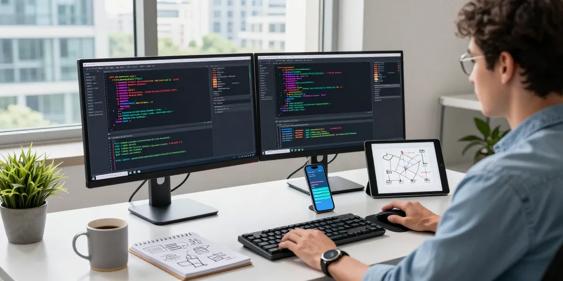 快连 network optimization workspace featuring developer coding, dual monitors, and modern city views.