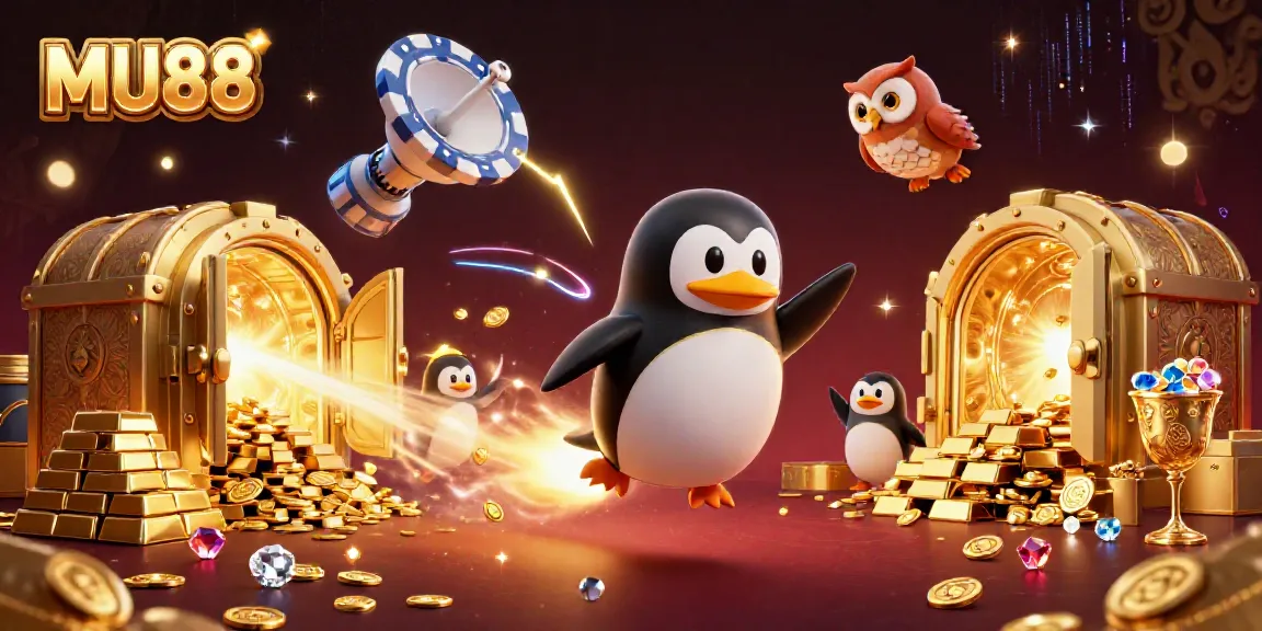 Experience the thrill of MU88 as a golden penguin and owl explore a vibrant casino universe.