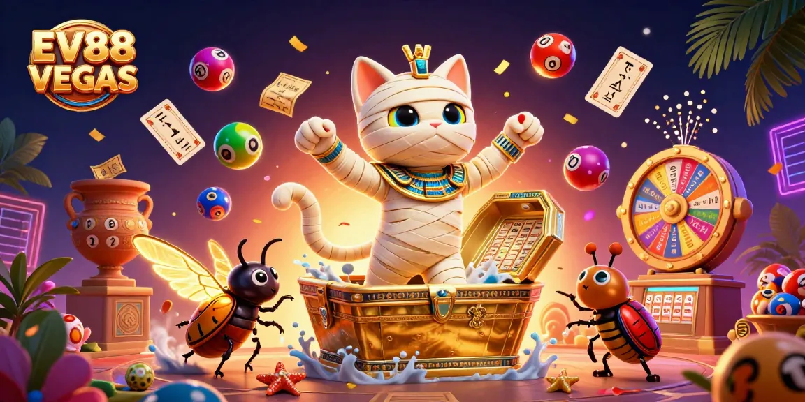 Experience the thrill of EV88 VEGAS with vibrant illustrated scenes from a dynamic pyramid casino.