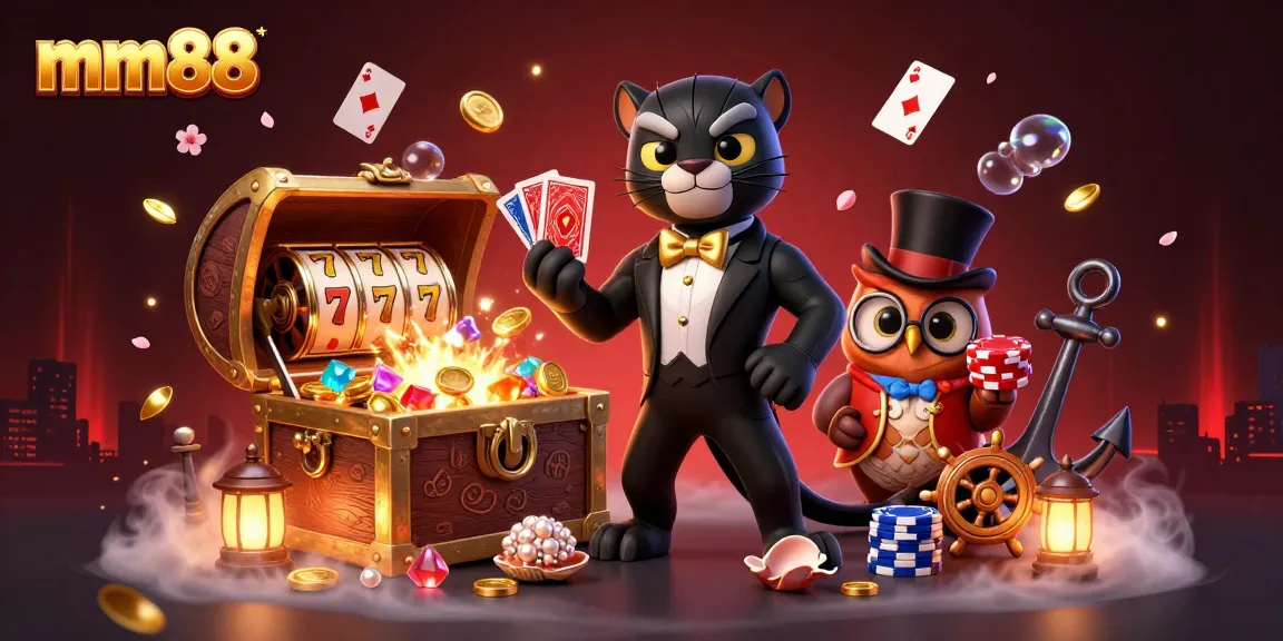 Experience captivating gameplay at mm88 with a stylish panther dealer, colorful gems, and dynamic casino elements.