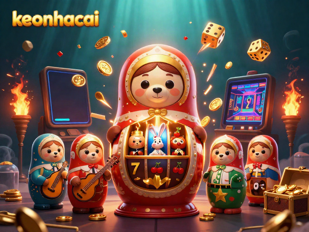 Experience the excitement of keonhacai with a jubilant 3D scene featuring animated casino elements, vibrant colors, and celebratory details.