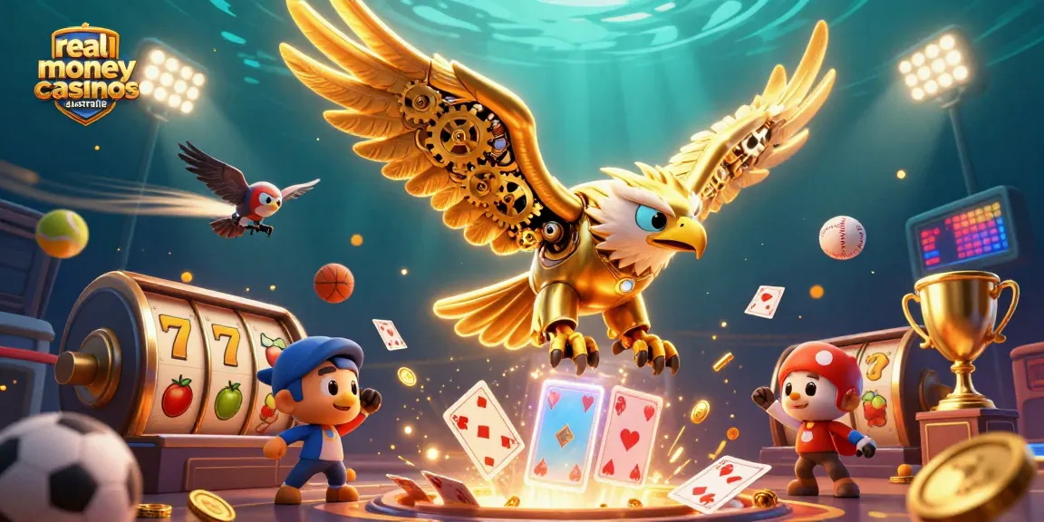 Engaging scene of real money casinos Australia with a cybernetic eagle diving through slot reels and playing cards.