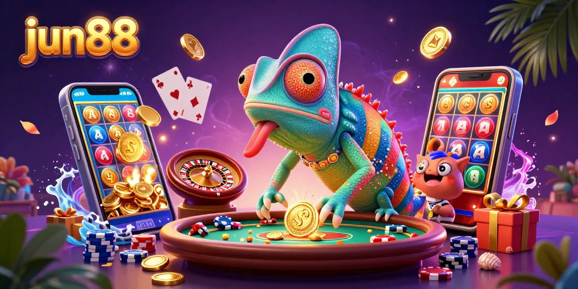 Experience the vibrant casino world at jun88 with a dazzling chameleon owner and exciting game elements.