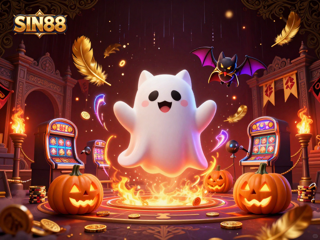 SIN88 casino illustration with ghost cat and vampire bat in a haunted setting, enhancing gaming excitement.