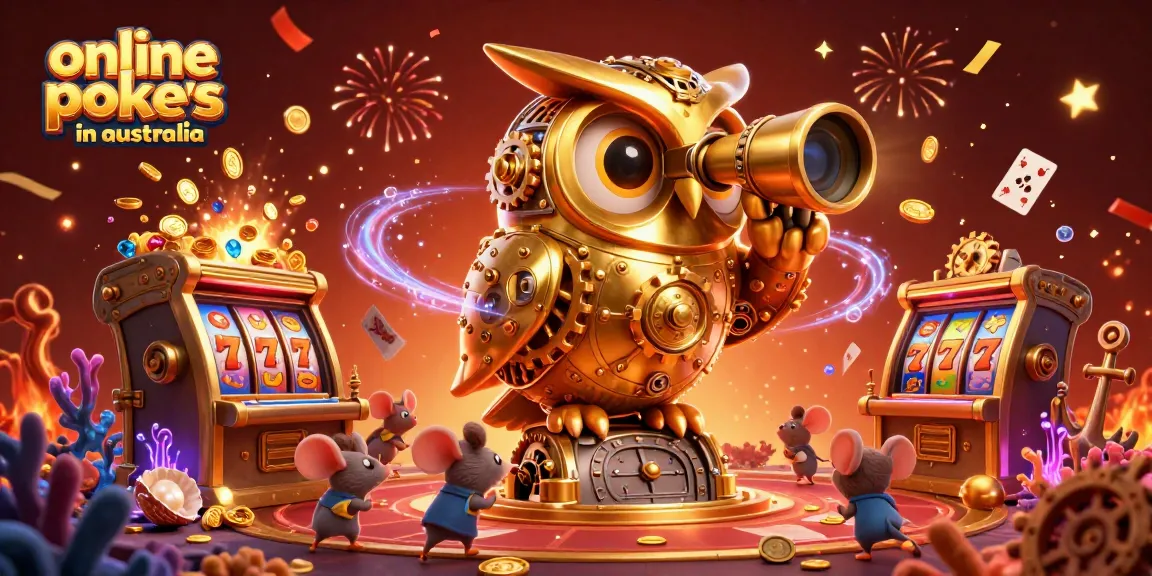 Engage with online pokies in australia featuring vibrant slot machines, celebrating characters, and dynamic gold coins.