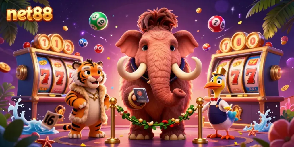 Experience net88 with dynamic slot games and a vibrant casino scene featuring diverse characters.