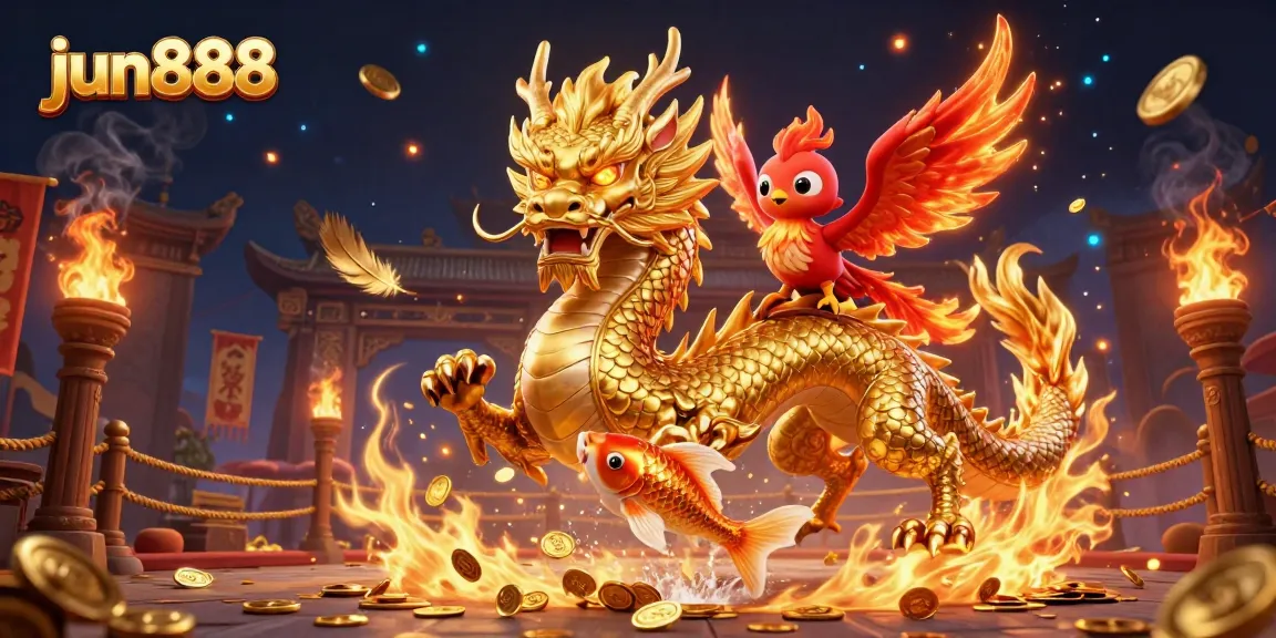 Experience thrilling moments with jun888 as the golden dragon and phoenix soar through coins in a fiery arena.