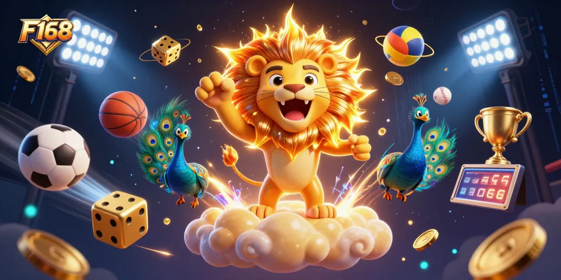 Experience thrilling gameplay at F168, featuring a vibrant 3D illustration with dynamic casino elements and characters.
