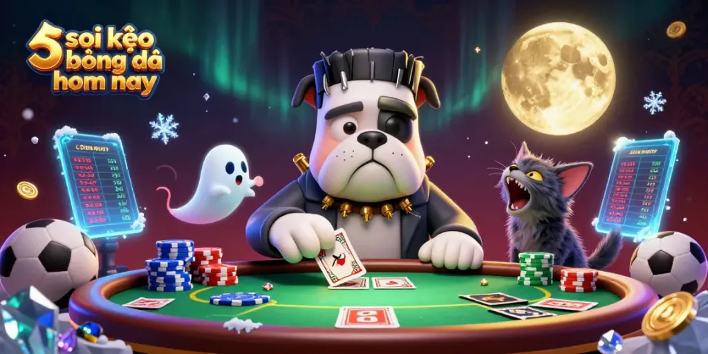 Soi kèo bóng đá hôm nay featuring a cartoon bulldog dealing cards and dynamic sports betting elements