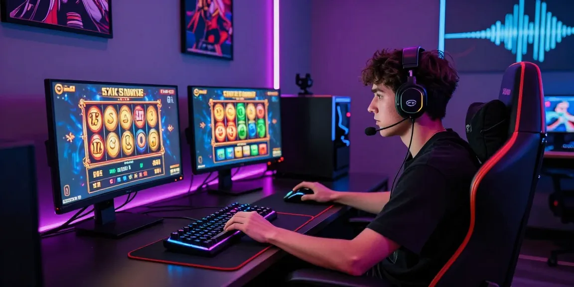 Engaged player enjoying a thrilling slot gacor game in a dynamic gaming room with colorful setups.