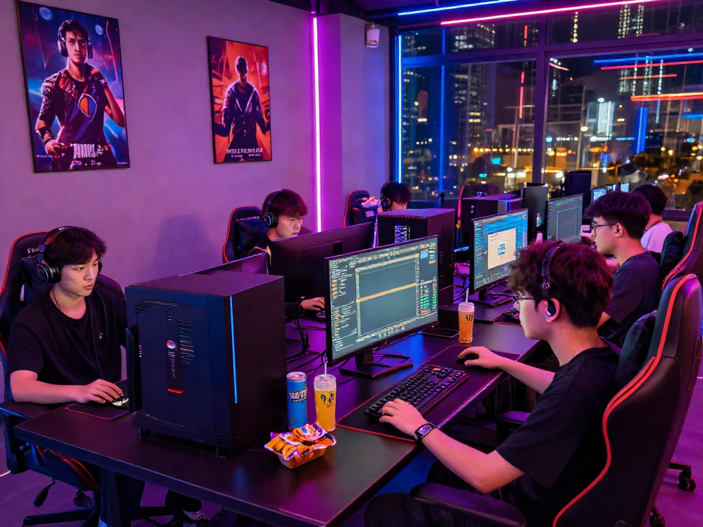 Exciting gaming lounge at https://manclub1.jp.net/ with young men competing in multiplayer games amidst neon lights.