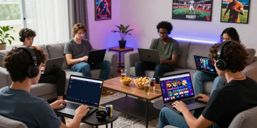 Online gaming experience on FABET platform with diverse players enjoying sports betting and live casino in a lively room.
