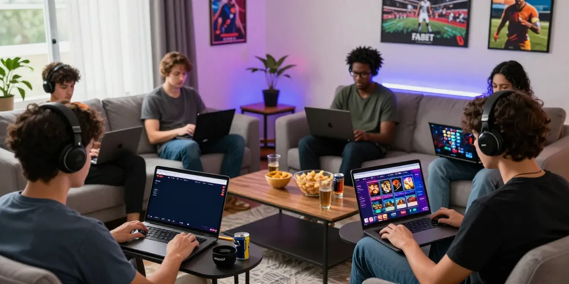 Online gaming experience on FABET platform with diverse players enjoying sports betting and live casino in a lively room.
