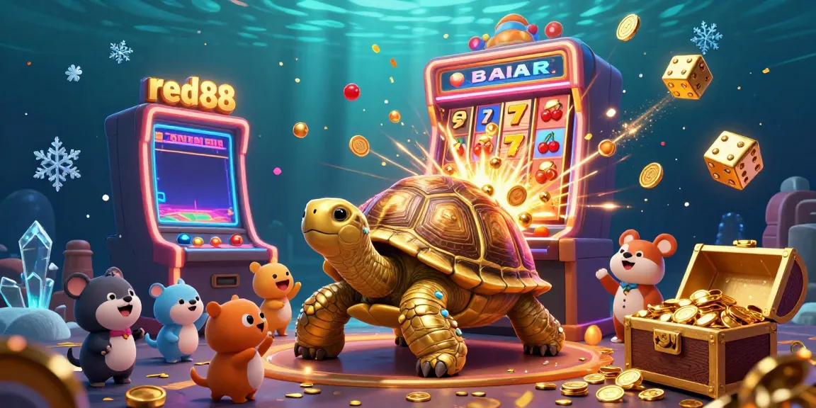 Experience the thrilling excitement of red88 with a dynamic scene of a colossal golden tortoise and vibrant jackpot elements.