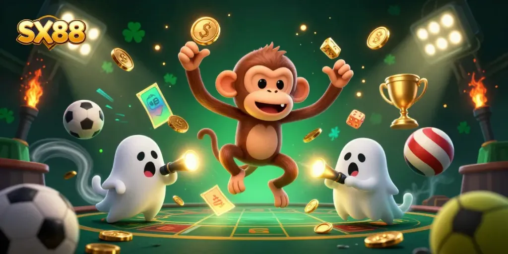 SX88 showcases an energetic 3D illustration of a mischievous monkey juggles golden objects in a haunted casino with sports elements.