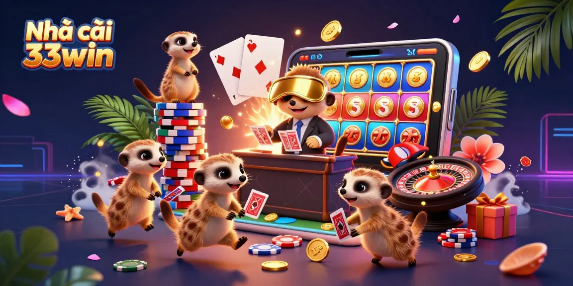 Experience the excitement at Nhà cái 33win with a lively meerkat casino scene showcasing a variety of gaming elements.
