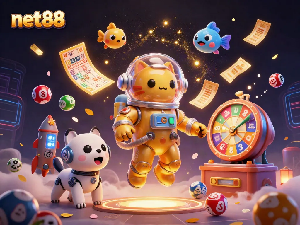 Engage in exciting gameplay with net88, featuring a vibrant 3D scene of lottery elements and festive atmosphere.