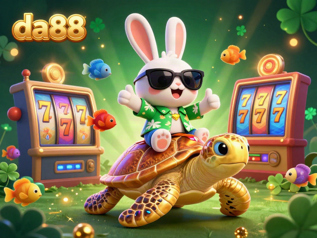 Spin the slot reels at da88 with a lucky rabbit and golden turtle in a vibrant casino scene.