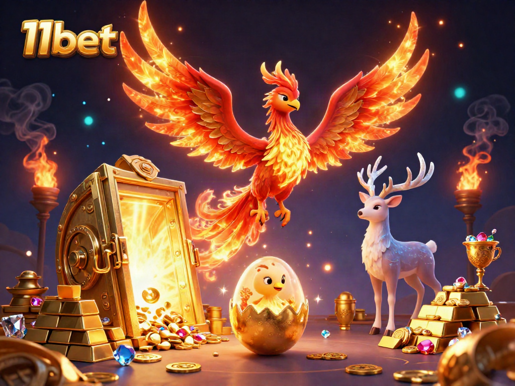 Experience the thrilling 11bet world with a majestic phoenix and treasures illuminating the casino realm.
