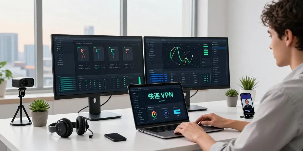 Connecting to 快连 VPN in a modern tech workspace with multiple monitors and a bright atmosphere.