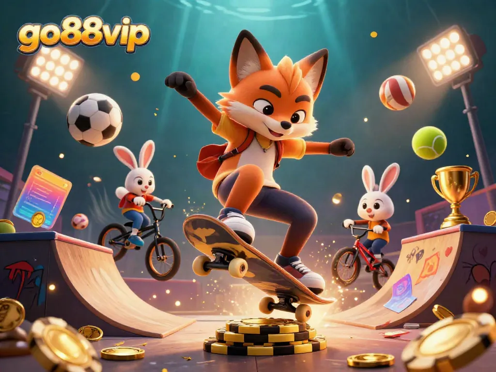 Experience casino excitement with go88vip in a lively scene featuring a fox and rabbit amidst golden poker chips.