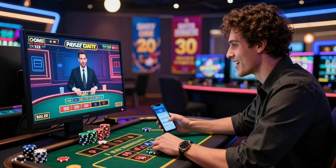 Aufgeregter Spieler, der in einem Paysafe Card Casino spielt, und dabei lebendige Grafiken sowie eine mobile App in der Nähe zeigt.
