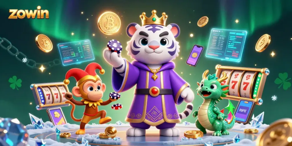 Zowin showcasing a vibrant casino scene with colorful characters, poker chips, and jackpot elements in a captivating 3D digital art.