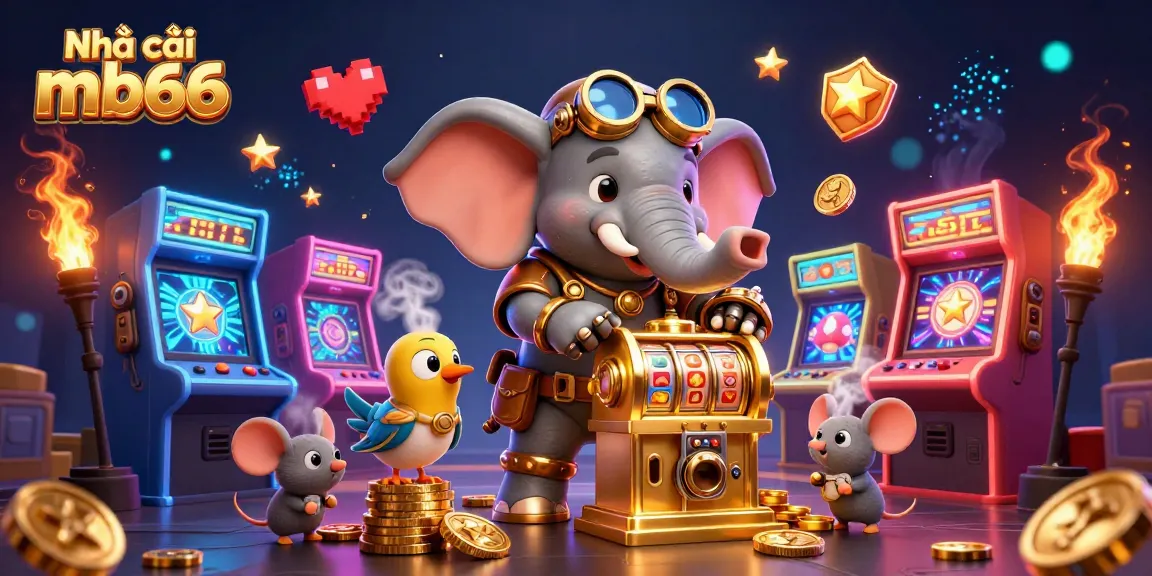 Engage with Nhà cái mb66 as the steampunk elephant operates a golden slot machine, vibrant gambling world.