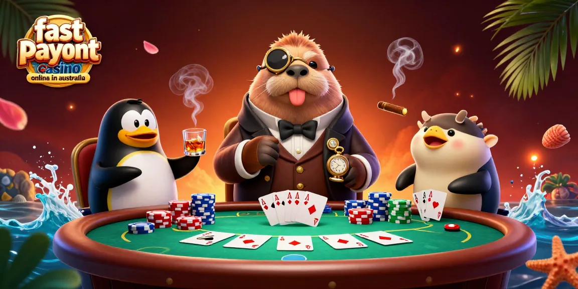 Experience thrilling action at a fast payout casino online in Australia with a vibrant gaming scene featuring unique characters.