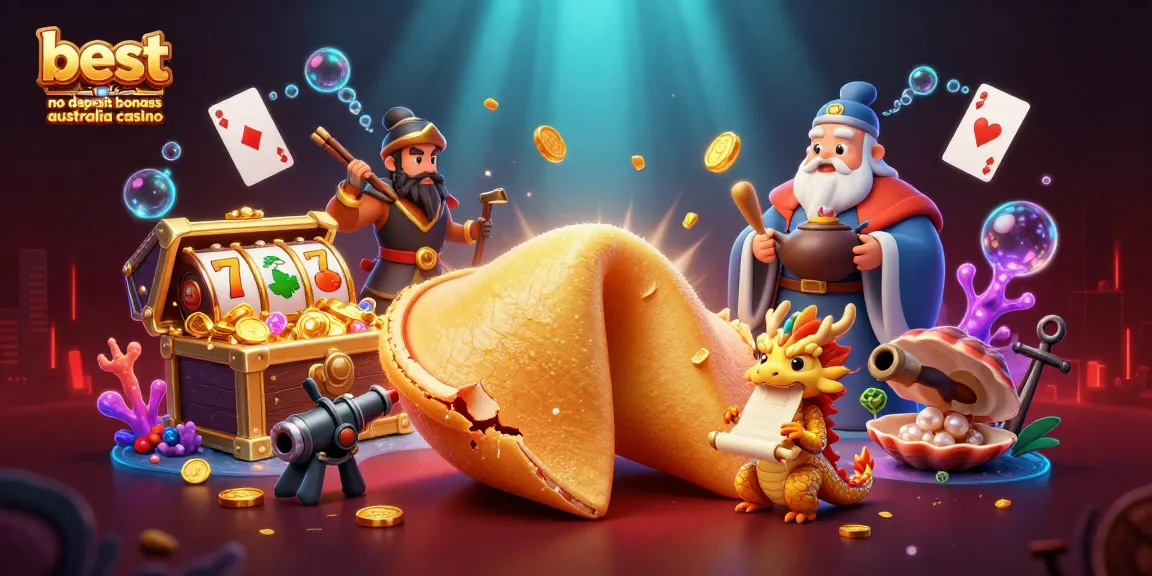 Experience the best no deposit bonuses Australia casino with our vibrant 3D illustration featuring lucky symbols and a fantastical dragon.